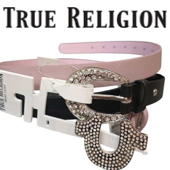 True Religion Rhinestone Horseshoe & Buckle Belt Duo- Pink/Black main image 5